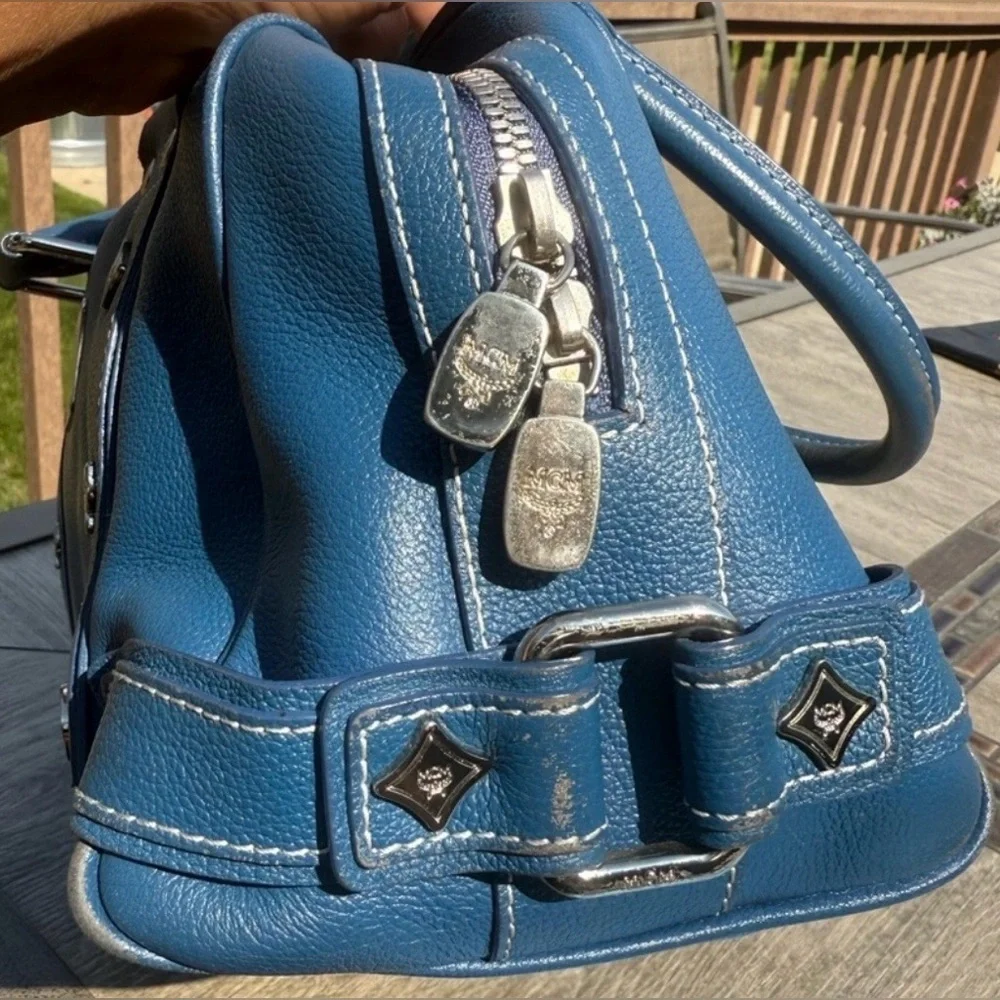 MCM Vintage Luxury Blue Leather Satchel Boston Bag with Silver Accents GUC
